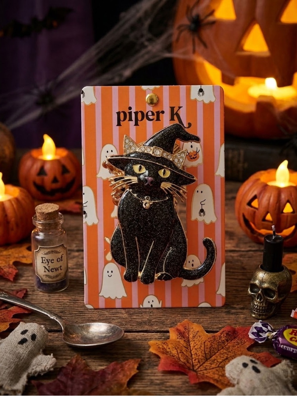 Piper Black Glitter Cat Witch Enamel hair clip - Halloween